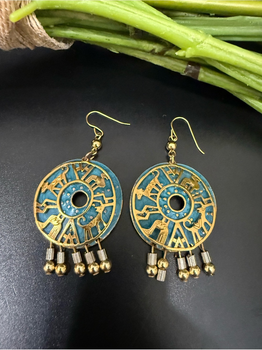 Vintage BEREBI Signed Gold-tone Teal Double Circle Southwestern Style Earrings
